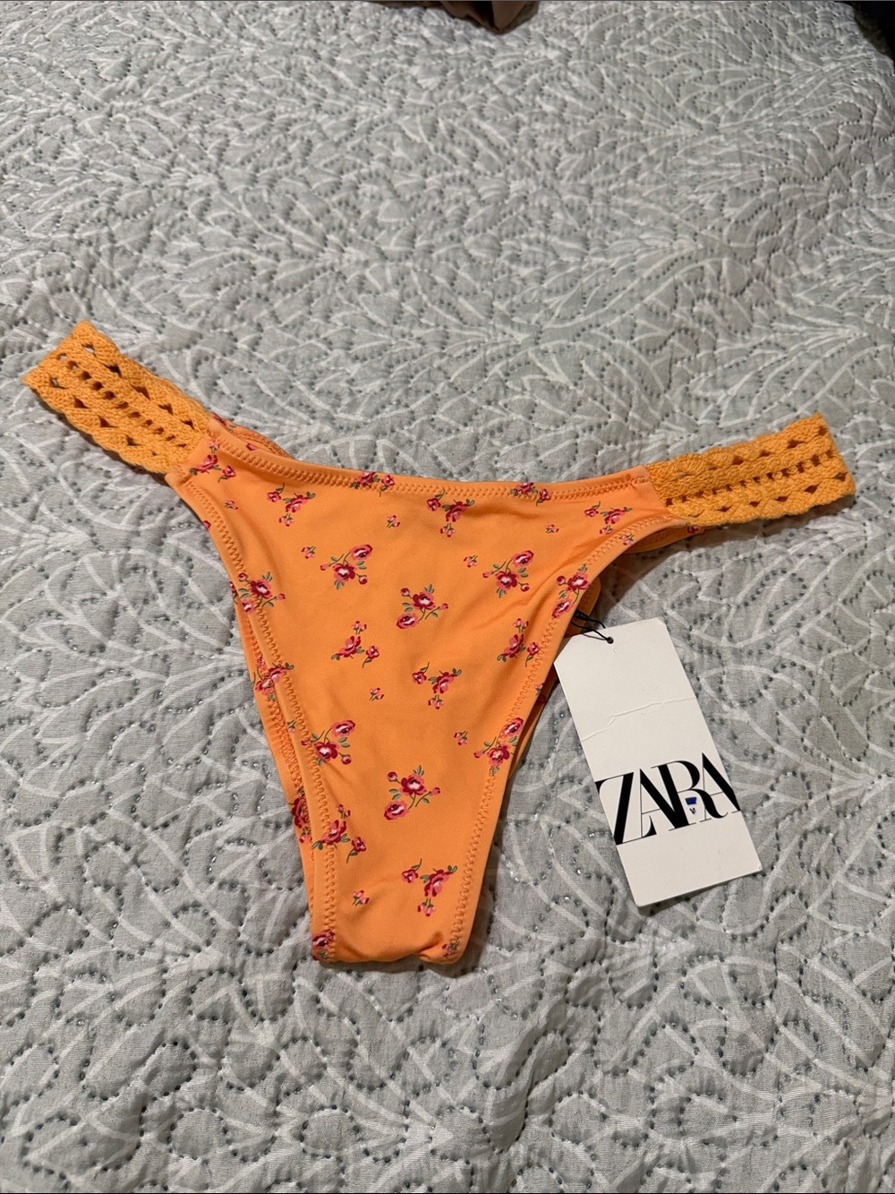 Zara Orange Floral Crochet-Trim Bikini Bottom